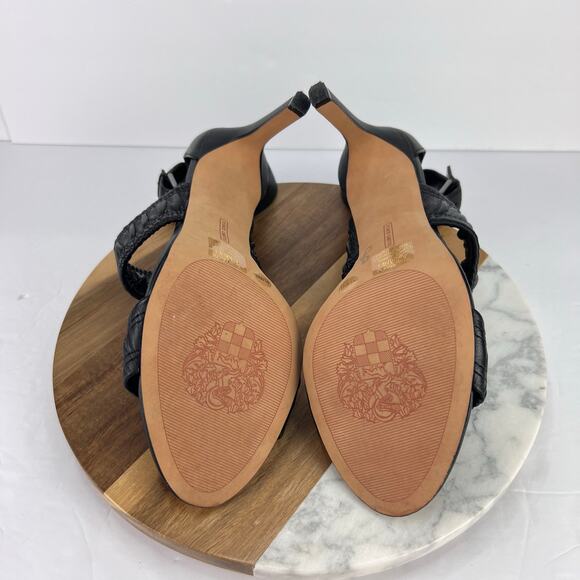 VINCE CAMUTO Leather KANITTA Black Ankle Strap Open Toes Stiletto Heels Size 9.5 - Picture 11 of 11